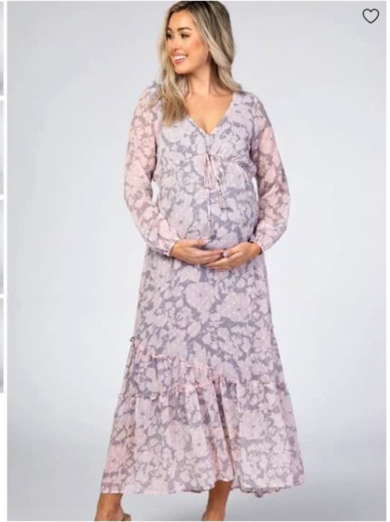lovestitch Dresses & Skirts - Lovestitch Grey Floral Chiffon Swiss Dot Maternity Maxi Dress